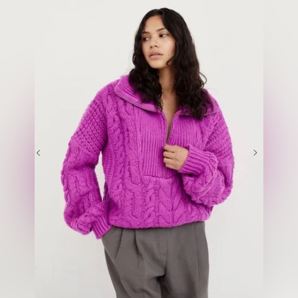 For Love And Lemons Andi Zip Neck Cable Knit Quarter Zip Sweater, Fuchsia, XL - Picture 3 of 7